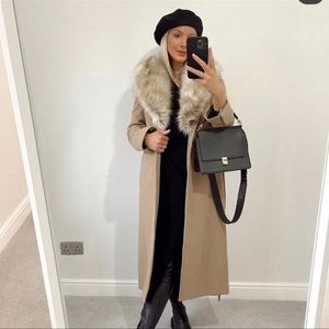 ZARA Belted Fur 75% Wool Coat Light Tan New
